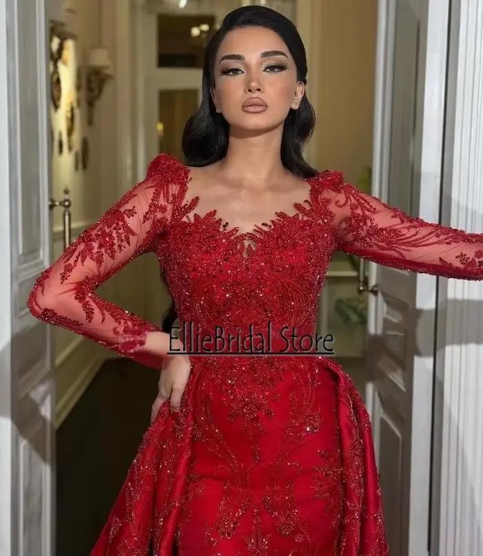 Robe de soirée rouge de luxe, manches longues, perles, Satin, modeste, sirène, robe de soirée de mar