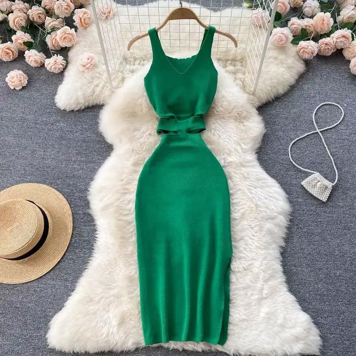 YuooMuoo femmes robe Sexy découpé taille paquet hanches fendu robe moulante été mode dame tricoté fê