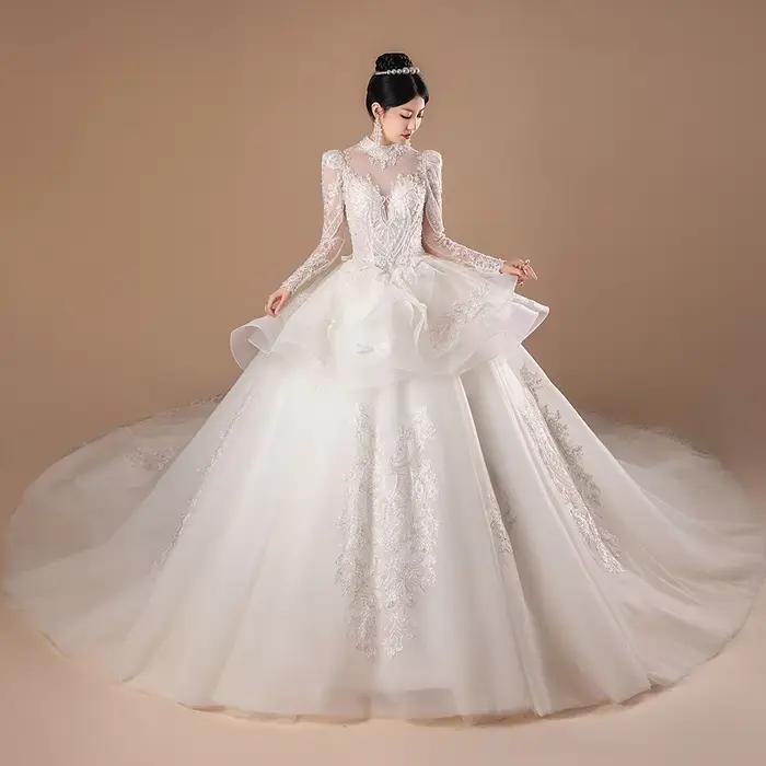 SL-9439 personnalisé princesse robes De mariée col haut manches bouffantes Robe De mariée paillettes