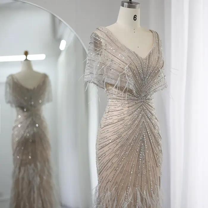 Sharon Said-Robe de Soirée Sirène Luxueuse en Plumes de Dubaï pour Femme, Tenue Personnalisée avec Manches Cape, pour ixde Mariage, SS210