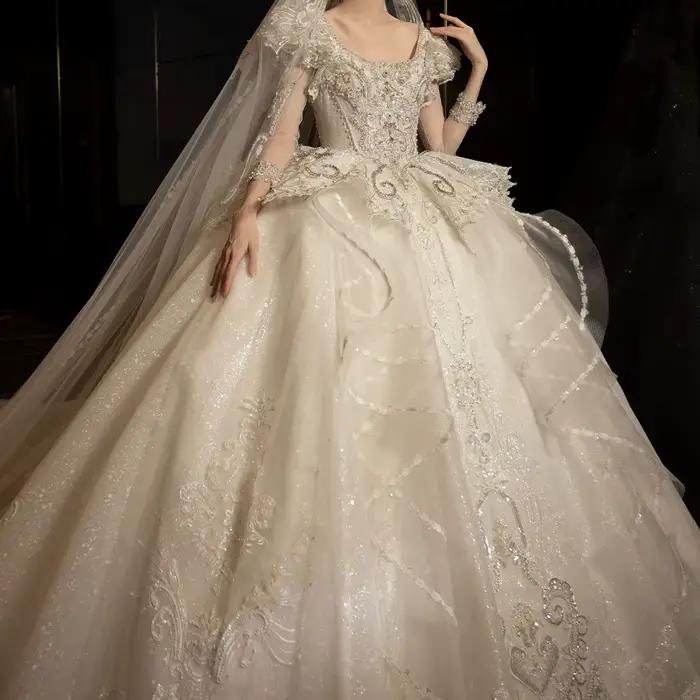 Robe de mariée en dentelle personnalisée pour femme, robes longues, col rond, sur mesure, élégante,