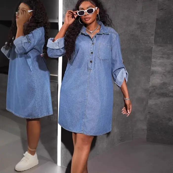 Robe mi-longue en jean pour femme, style Y2K streetwear, col rabattu, manches longues, élégante, vintage, pour soirée et travail, été 2026