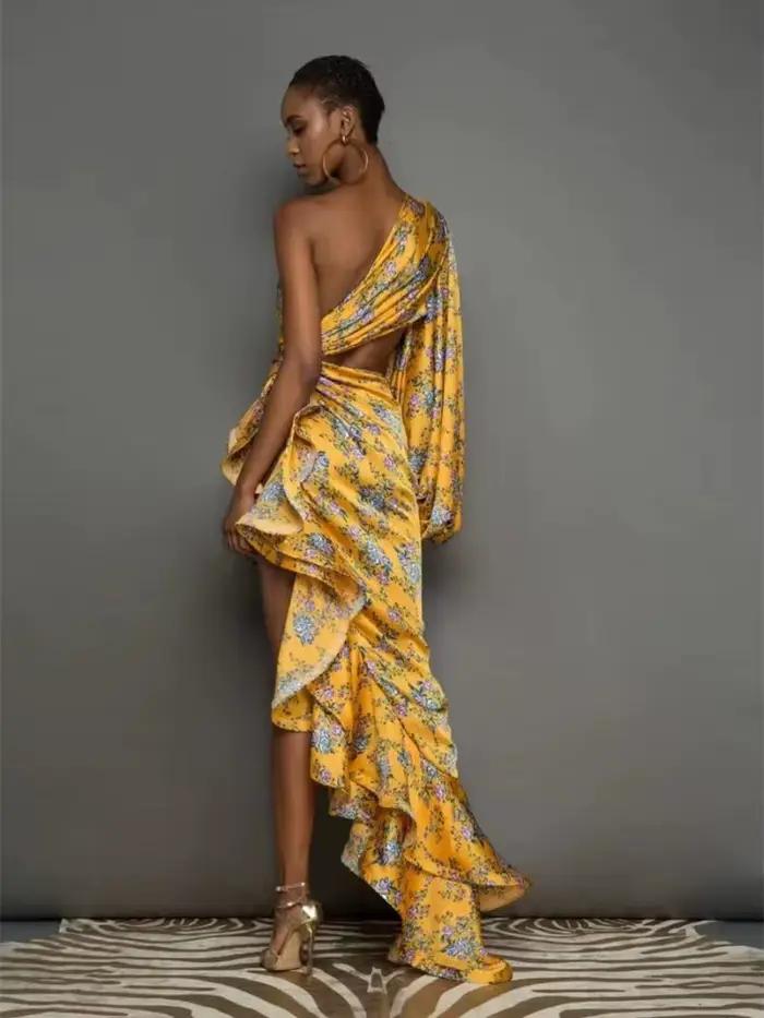 Robe longue à volants irréguliers pour femmes, Sexy, épaules inclinées, motif Floral, asymétrique ép
