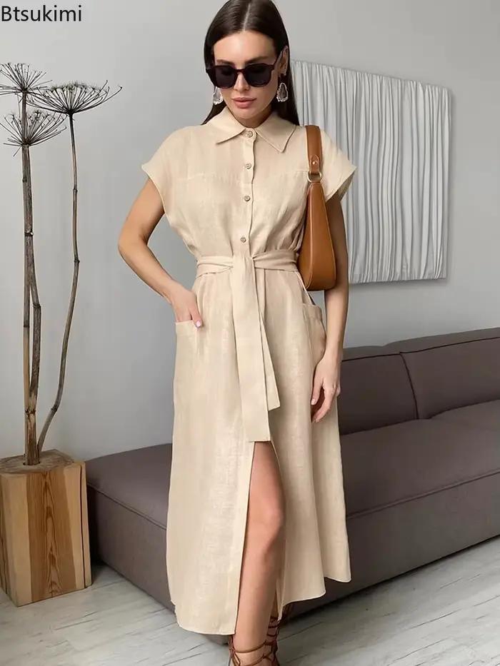 Robe longue d'été élégante pour femme en coton et lin, taille haute, à lacets, style chemise à revers, pour le bureau ou les loisirs