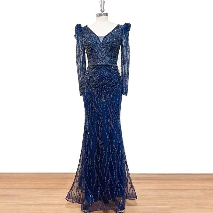 Robe de soirée sirène élégante pour femme 2026, col en V, manches longues bouffantes, perles et sequ