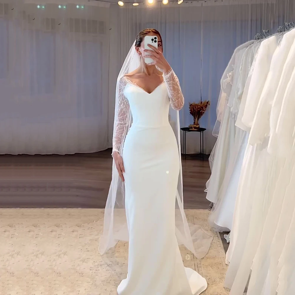 Robes de mariée civiles pour femmes, personnalisées, col en V, dentelle, manches longues, style sirè