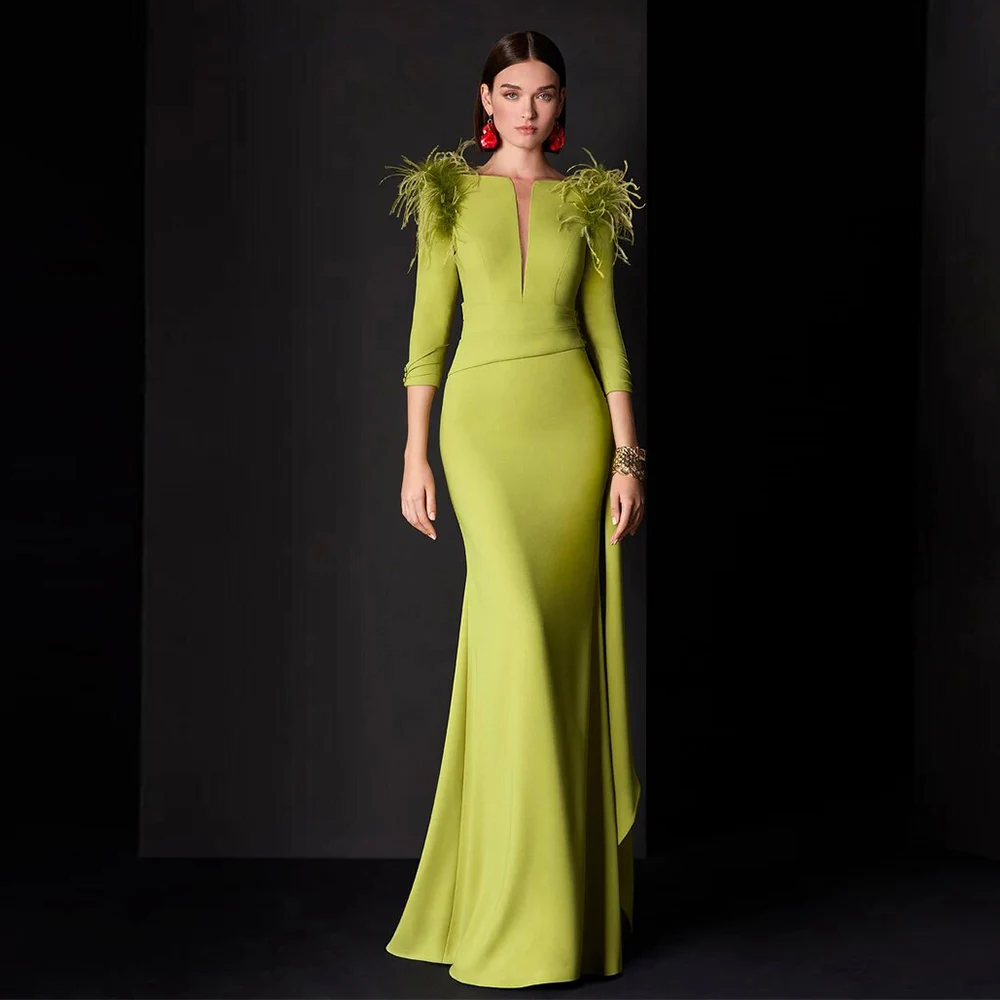 Robes de soirée personnalisées pour invitées de mariage, vertes, à volants en plumes, boutonnées, co