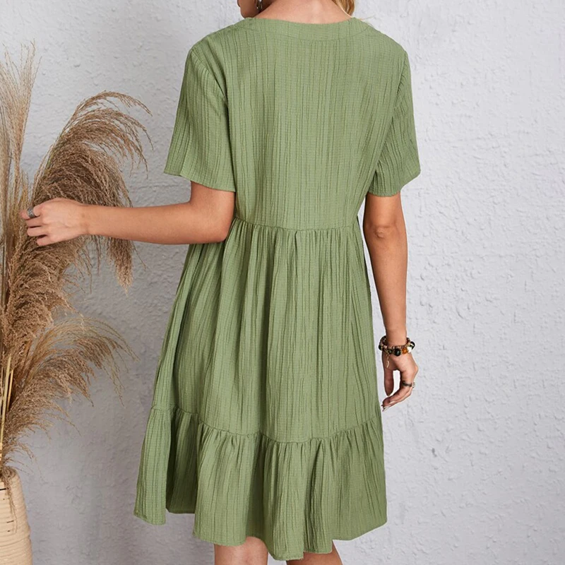 Robe d'été unie pour femmes, style bohémien, col en V, manches courtes, volants, ample, ligne A, Min
