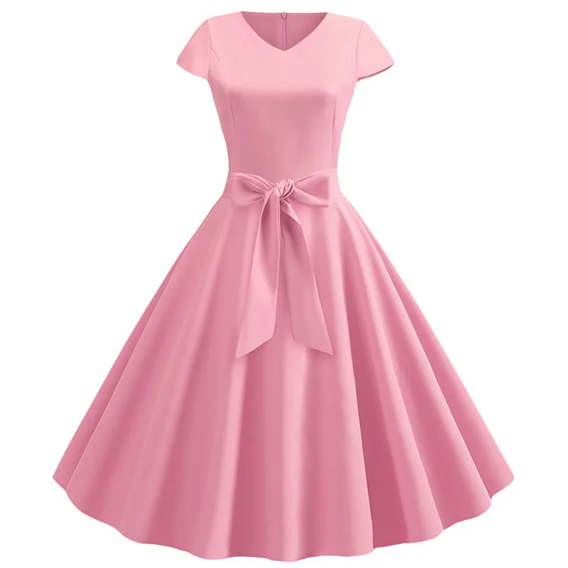 Robe d'été Vintage pour femmes, avec ceinture, manches courtes, col en V, élégante, rétro, robes de 