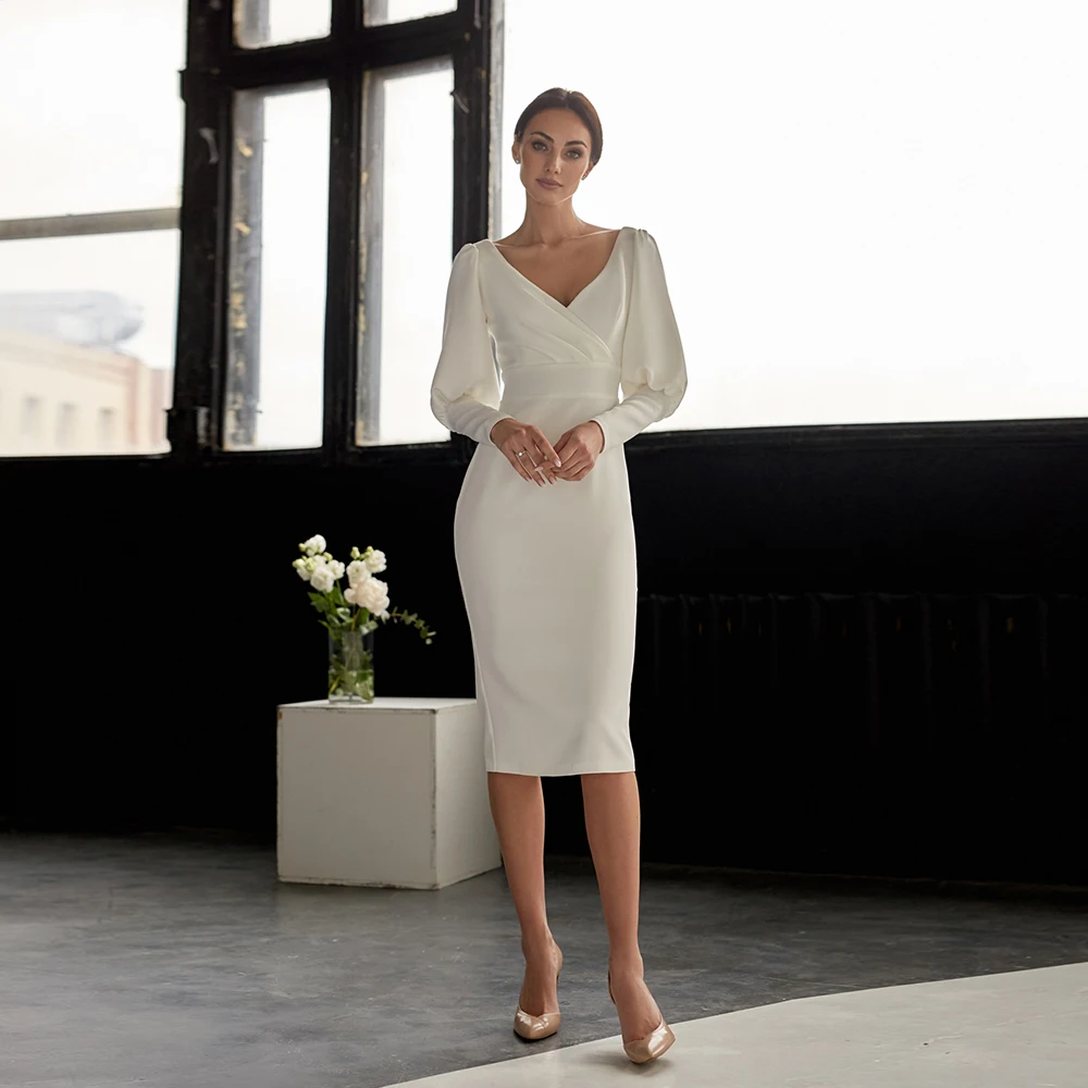 Robe de mariée courte civile pour femme manches longues longueur au genou col en V robe de mariée iv
