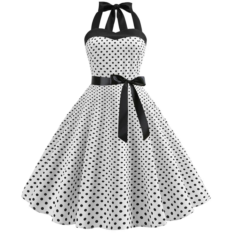 Robe Sexy rétro blanche à pois, Hepburn, Vintage, col licou, Robe de soirée, années 50 et 60, Pin Up