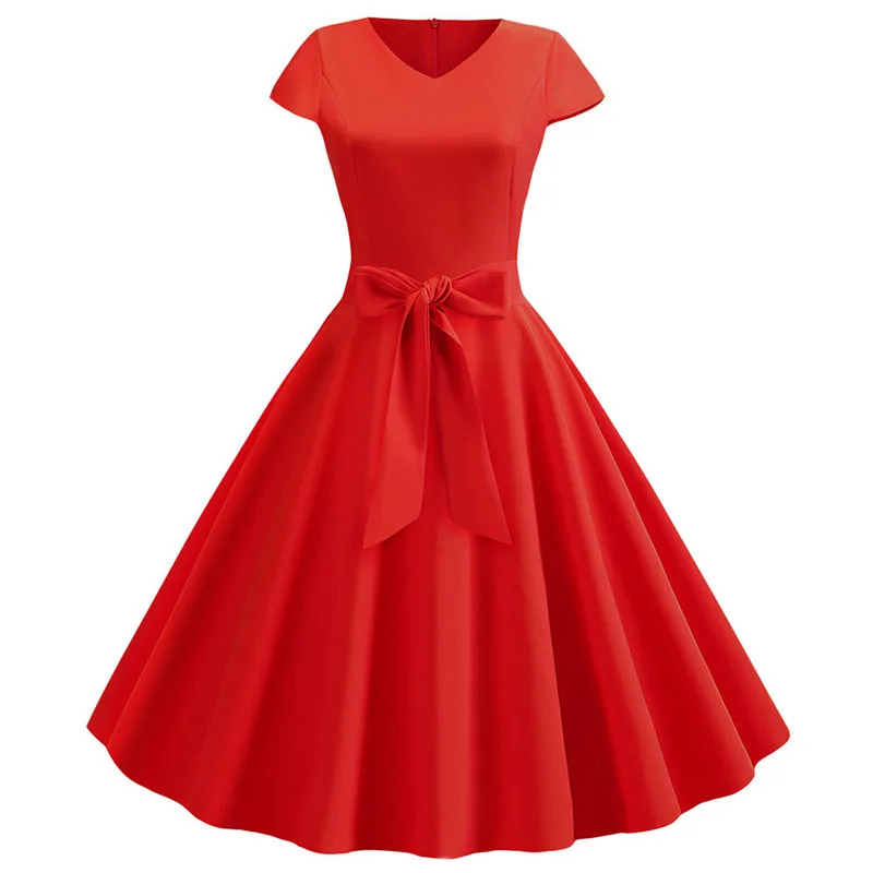 Robe d'été Vintage pour femmes, avec ceinture, manches courtes, col en V, élégante, rétro, robes de 