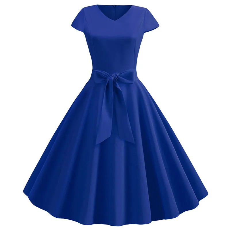 Robe d'été Vintage pour femmes, avec ceinture, manches courtes, col en V, élégante, rétro, robes de 