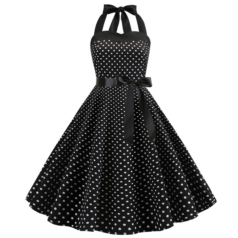 Robe Sexy rétro blanche à pois, Hepburn, Vintage, col licou, Robe de soirée, années 50 et 60, Pin Up