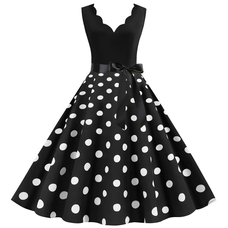 Femmes rétro robes d'été 50s 60s sans manches col en v à pois nœud boule cultivé fête Robe d'été Rob