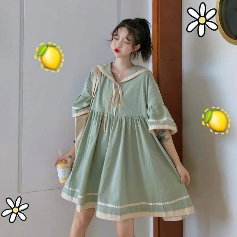Robe trapèze à manches courtes évasées pour femmes, robe à lacets, plissée, rayée, adt Harajuku, étu