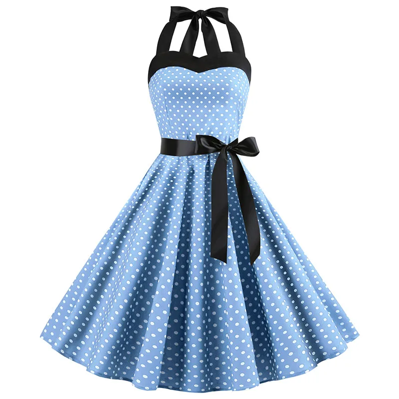 Robe Sexy rétro blanche à pois, Hepburn, Vintage, col licou, Robe de soirée, années 50 et 60, Pin Up