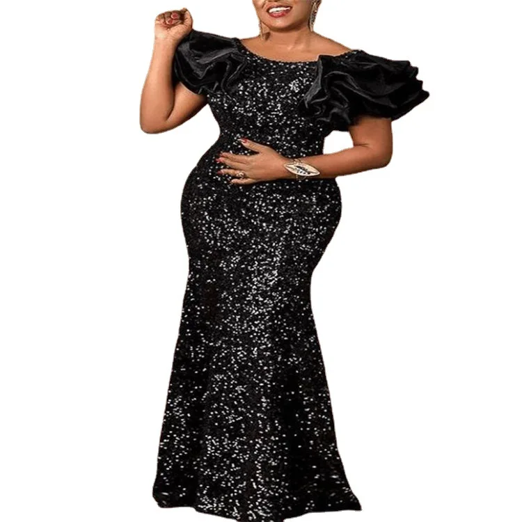 Robes Africaines Noires sulfà Paillettes pour Femme, Vêtements Africains Maxi, Printemps Automne