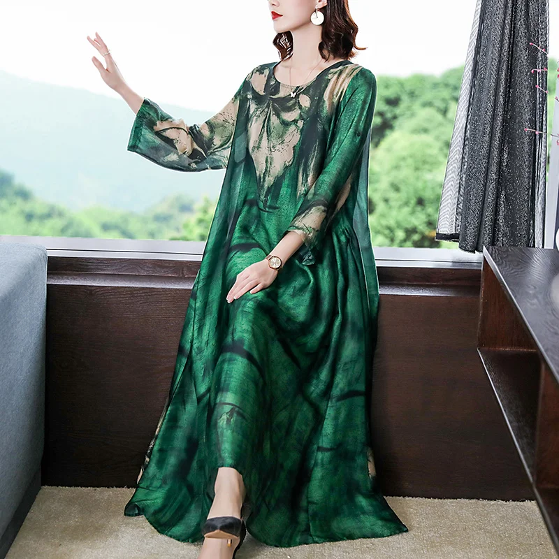 ZUOMAN 2025 ample décontracté imprimé mûrier soie Maxi robe printemps été Vintage 4XL grande taille