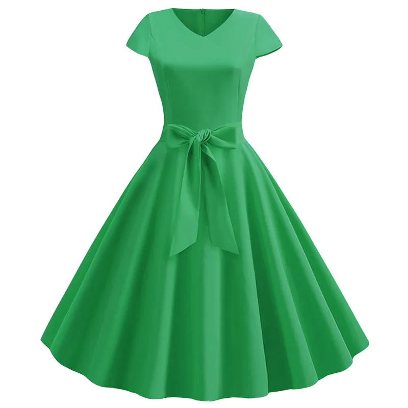 Robe d'été Vintage pour femmes, avec ceinture, manches courtes, col en V, élégante, rétro, robes de 