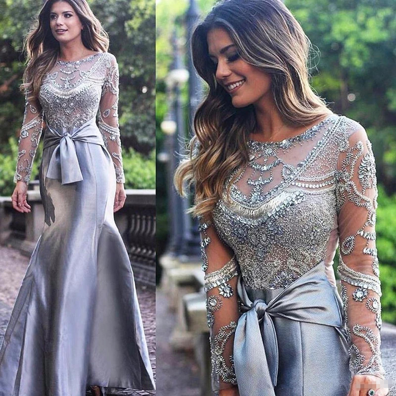 Robes de luxe argentées sirène pour la mère de la mariée, manches longues, col bijou orné de perles,