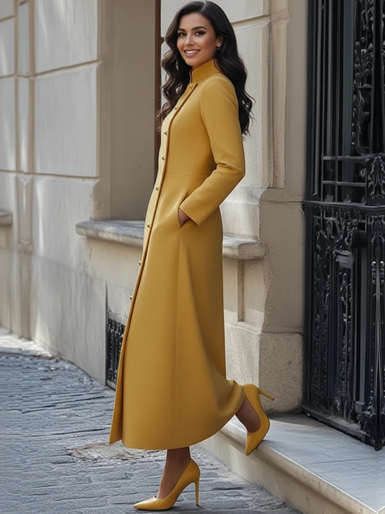 Robe longue boutonnée diagonale à col mandarin jaune pour femme Freeacy, idéale pour les invitées de