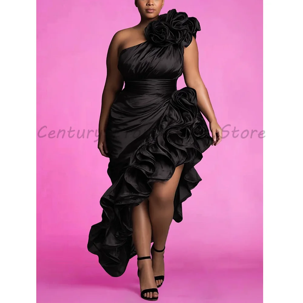 Robe de soirée noire grande taille asymétrique à fleurs 3D en satin, coupe asymétrique à volants, id