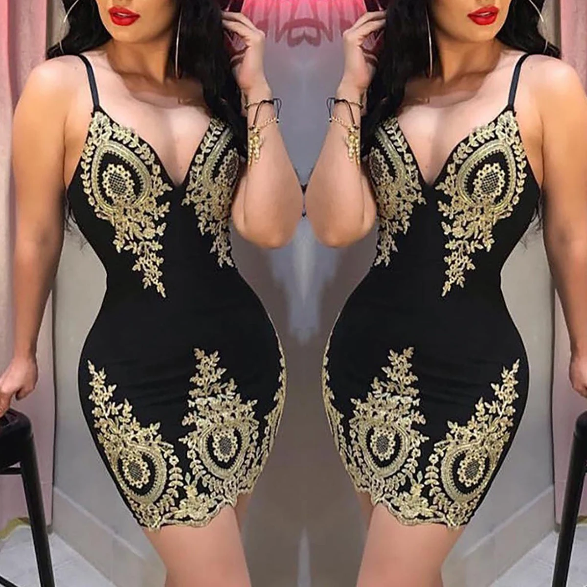 Robe de soirée d'été sexy, mini robe sans manches, coupe cintrée, col bas et dos licou