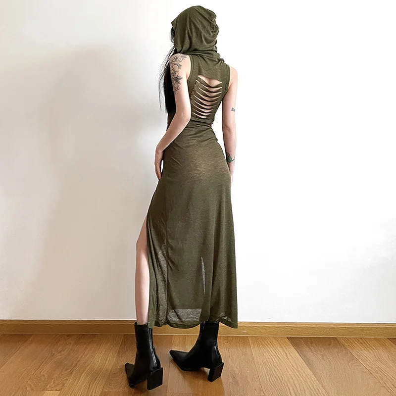 Robe longue fendue à capuche pour femme, style européen et américain, robe évidée, document pur, sex