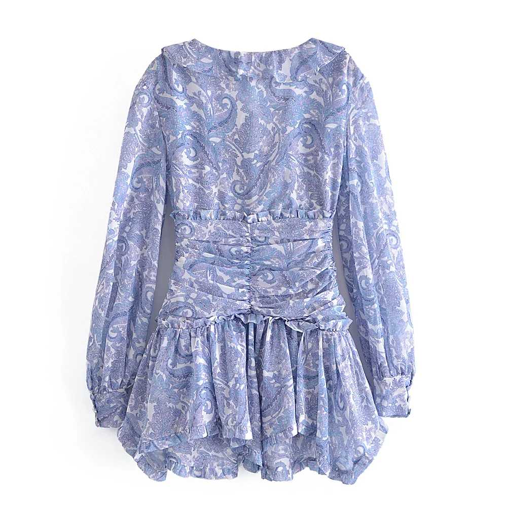 Mini Robe en mousseline de soie à imprimé Floral bleu pour femmes, 2022, oreilles en bois, volants,