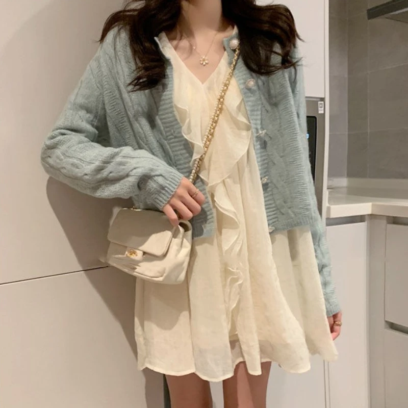 Robe de princesse élégante à manches longues pour femmes, col en V à volants, design de base, mini,