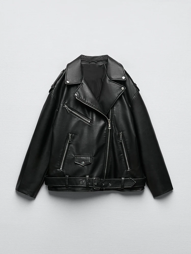 Ailegogo femmes ample moto motard noir Pu Faux cuir veste avec ceinture printemps automne femme mant