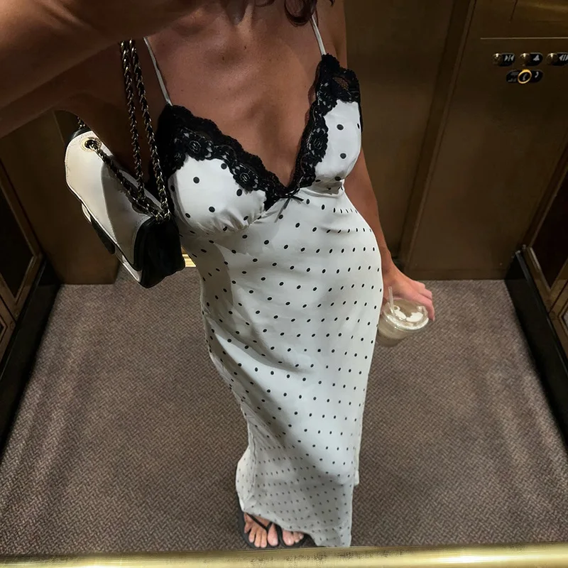 Tornova Sexy col en v à pois robe à bretelles pour les femmes mince français rétro dentelle épissure