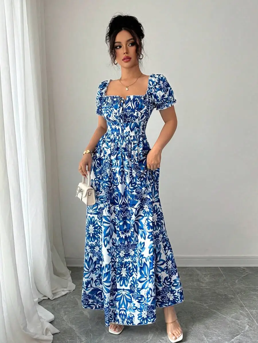 Robe élégante à manches bulles pour femmes, imprimé Floral, robe longue bleue, cravate sur le devant