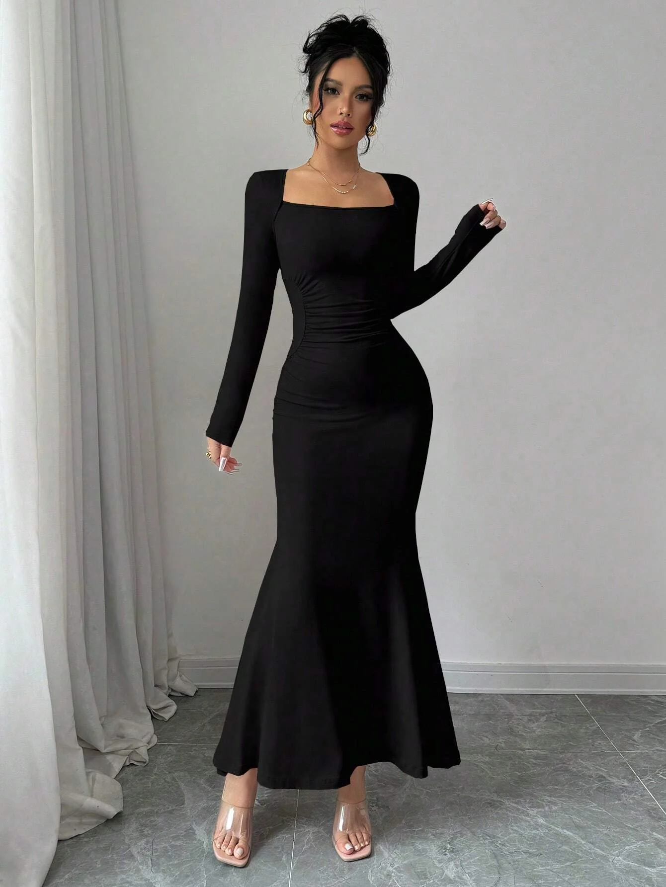 Robe quatre saisons pour femmes, nouveau Style, tempérament élégant, rétro, couleur unie, col carré,