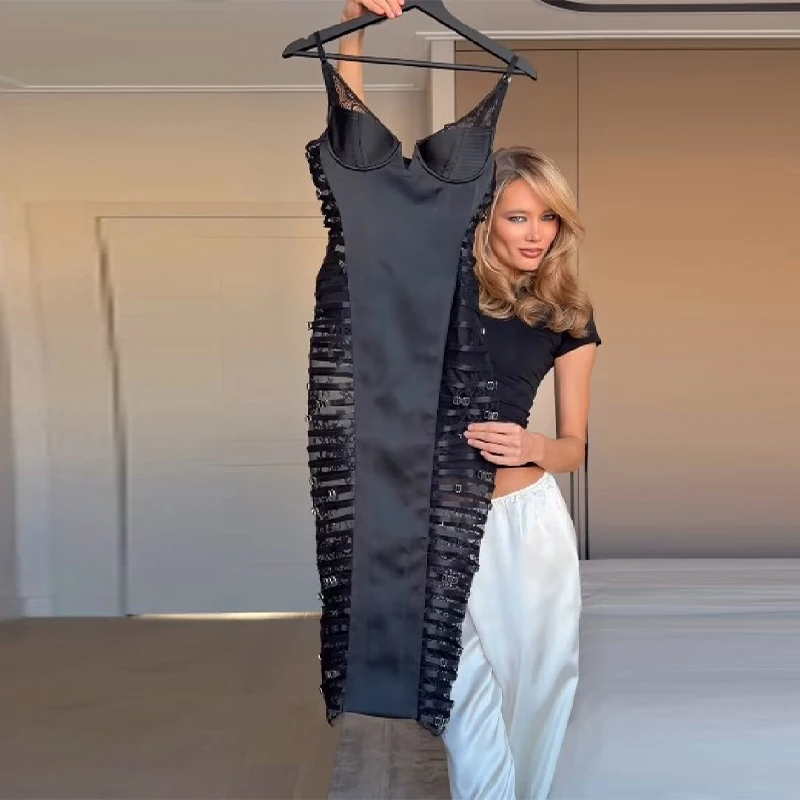 Robes de soirée sexy en dentelle noire haut de gamme en satin ajustées pour femmes, col en V transpa
