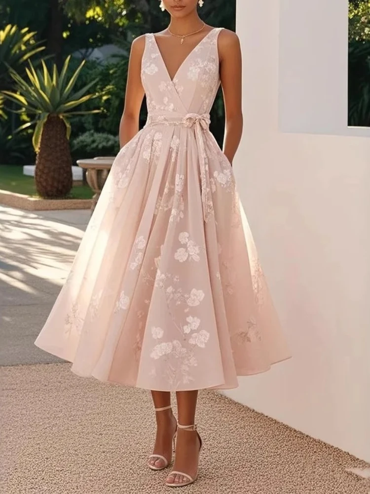 Robe longue élégante imprimée à col en V, sans manches, en maille, avec nœud à la taille, pour femme