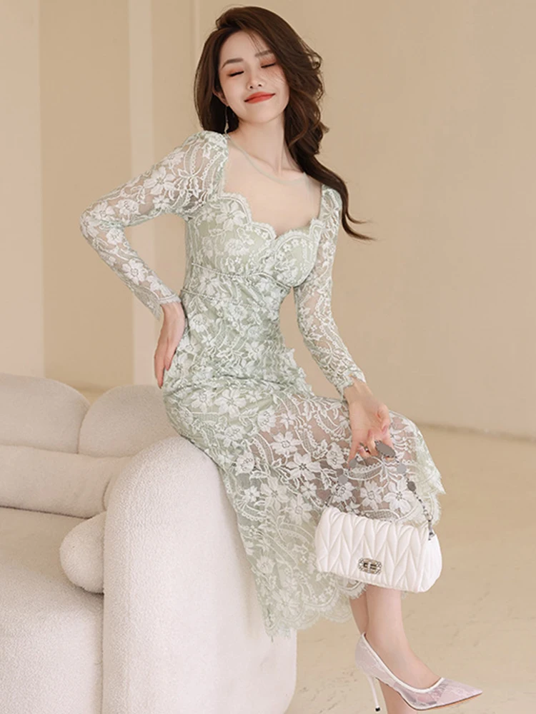 Robe maxi en dentelle transparente pour femme, robe de soirée, robe de vacances, dentelle transparen