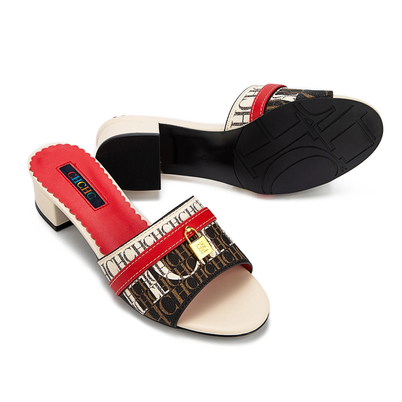 CH à la mode de haute qualité serrure en métal monogramme imprimé femmes pantoufles à talons bas tem