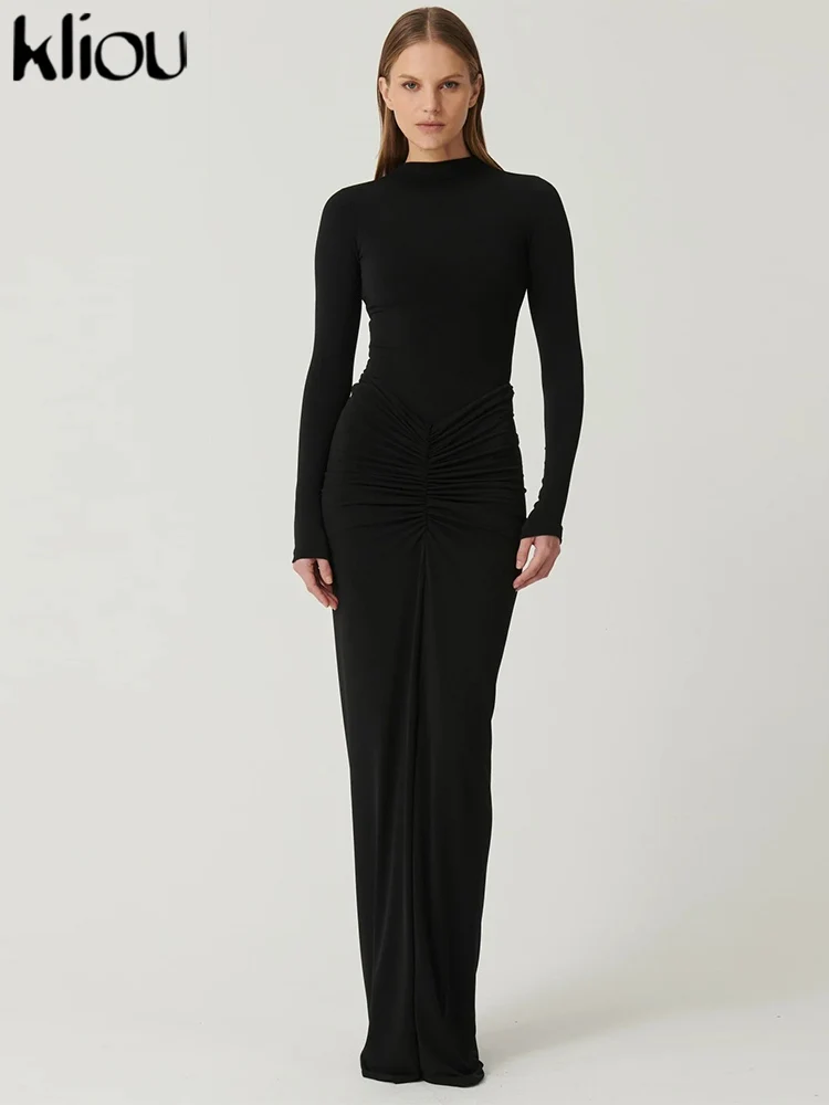 Kliou froncé femmes classique Robe Maxi automne nouveau solide à manches longues col haut moulage du