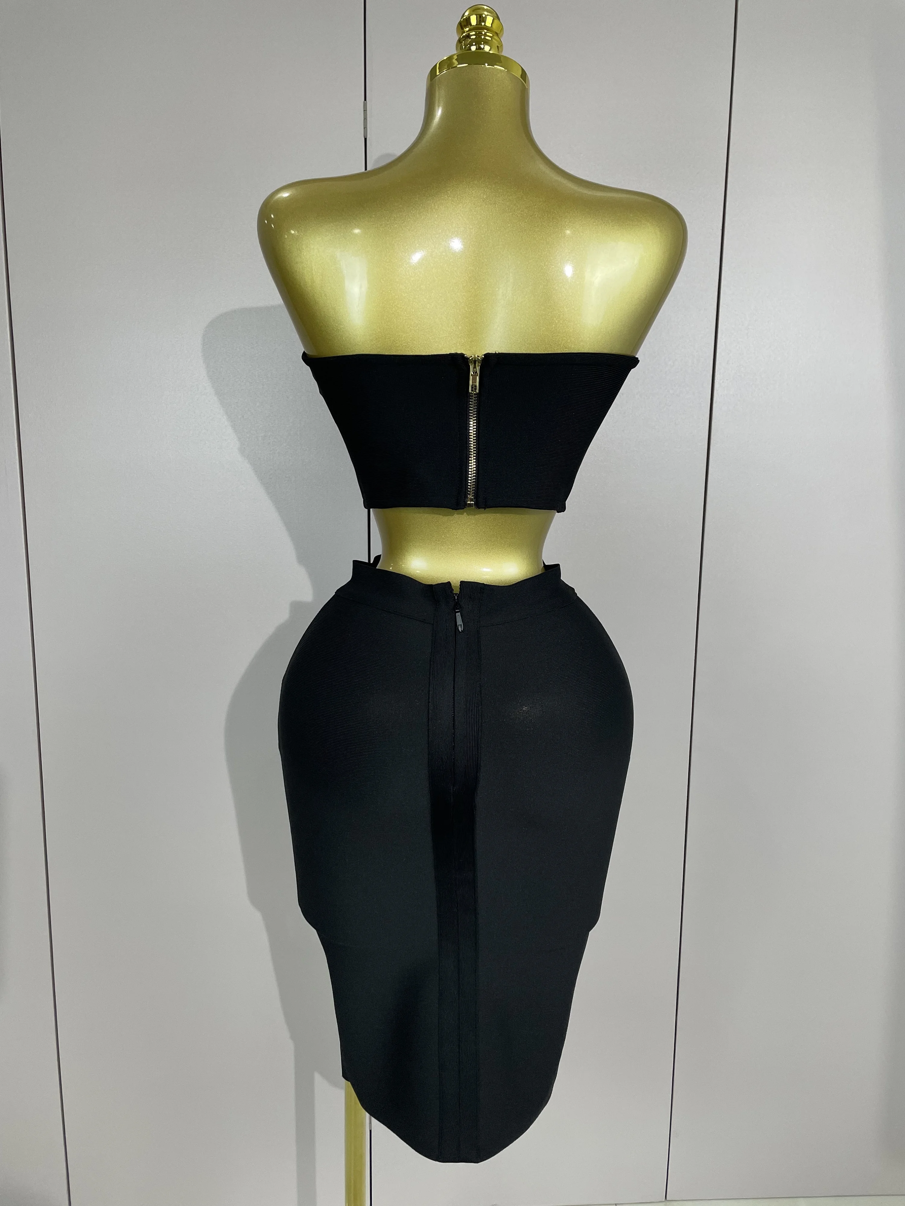 2025 Femmes Sexy Bretelles Dos Nu Noir Bandage Deux Pièces Costume Célébrité Designer De Mode Robe D