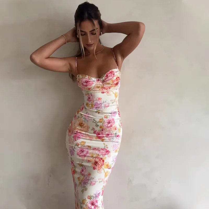 Robe à bretelles florales fendue, Slim, sans manches, Style plage, bretelles Spaghetti, vêtements po