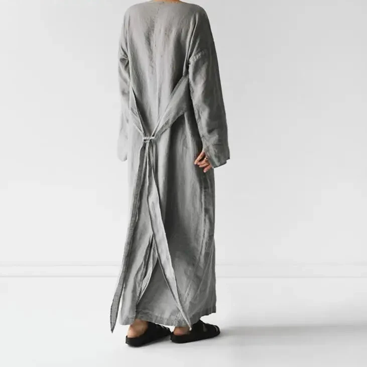 Robe longue décontractée en coton pour femmes, col rond, manches longues, gris uni, plis de document