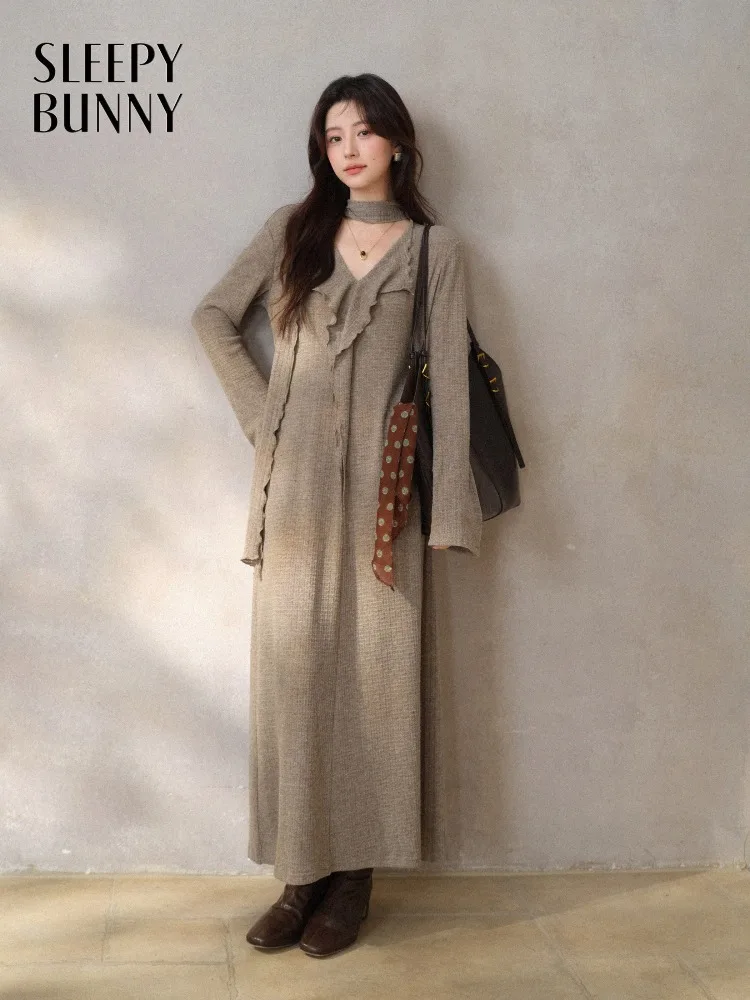Robe française élégante en tricot, col en v, manches longues, élastique, Maxi, Design asymétrique, r