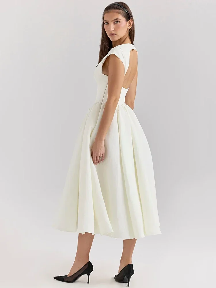 Oligai Robe Longue Crème Femme - Robe Élégante Manches Cape Dos Nu Coupe Cintrée Évasée pour Anniver