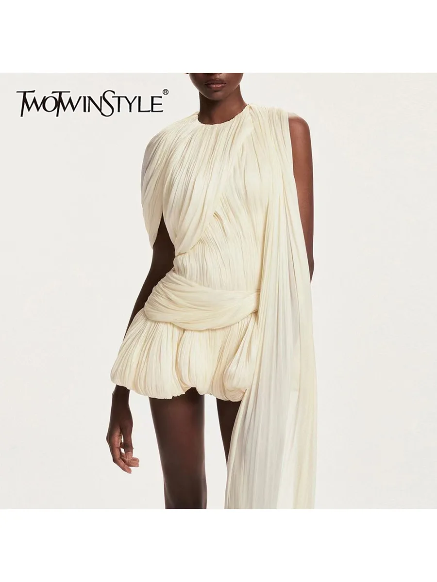 TWOTWINSTYLE – Mini robe en maille épissée pour femmes, col rond, sans manches, taille haute, tempér