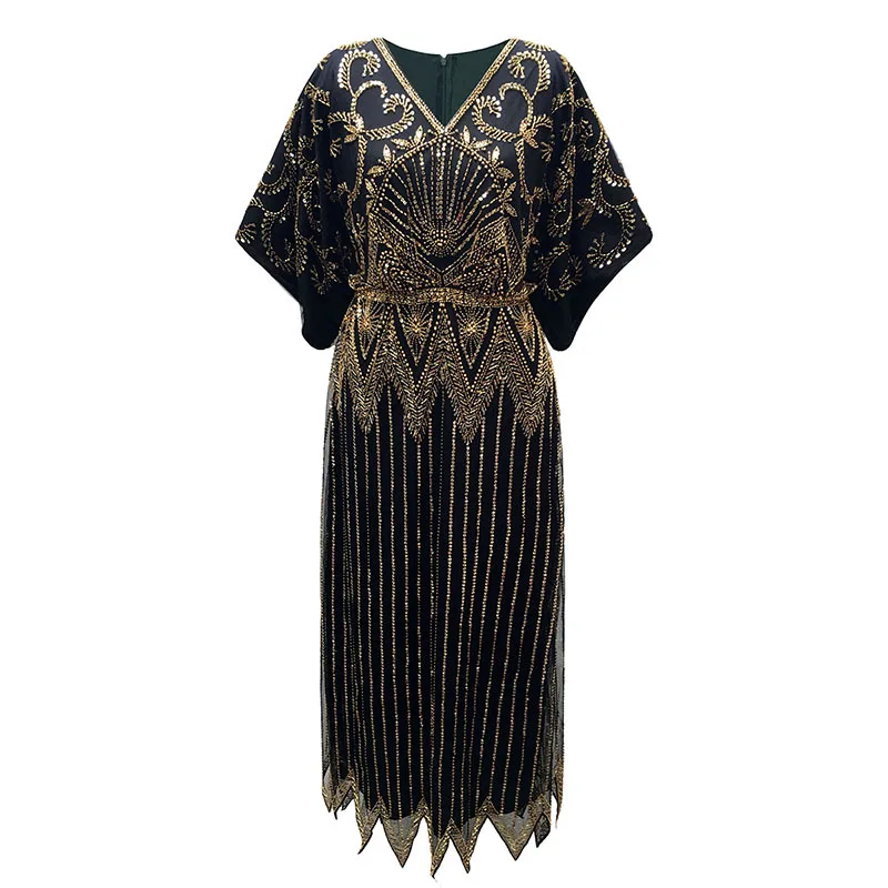 Robe de soirée longue à paillettes pour femmes, élégante, col en V, manches courtes, ligne A, taille