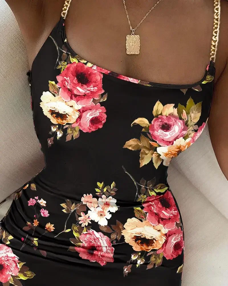 JODecor-Robe moulante à imprimé floral pour femmes, bretelles spaghetti, batterie, élégante, sexy, é