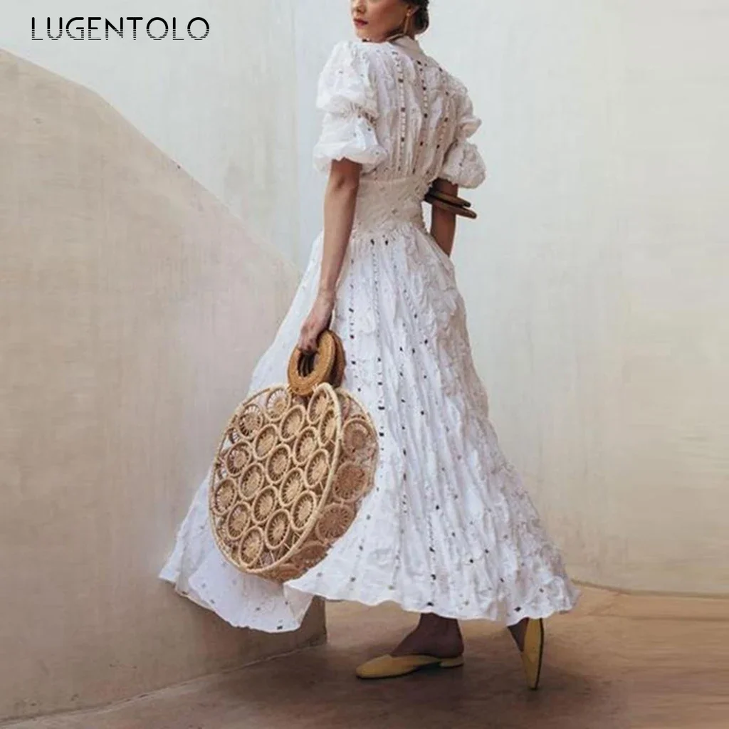 Lugentolo-Robe en dentelle blanche pour femme, manches courtes, col en V profond, mince, grande bala