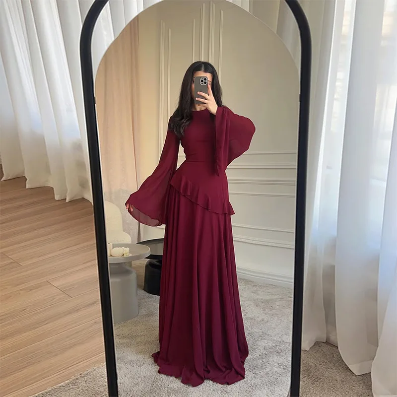 Robe longue élégante bleue en mousseline de soie à volants pour femme, col rond, manches évasées, co